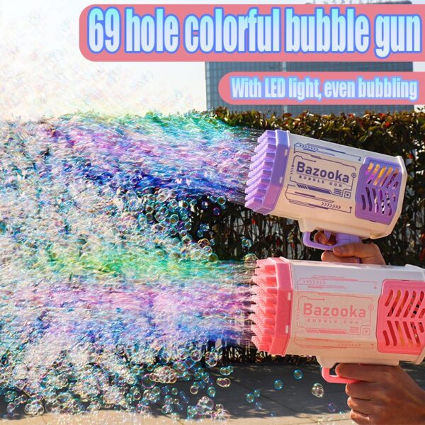 Bubble Gun Rocket 69 Holes Soap Bubbles Machine Gun Shape Automatic Blower With Light Toys For Kids Pomperos - Image 2